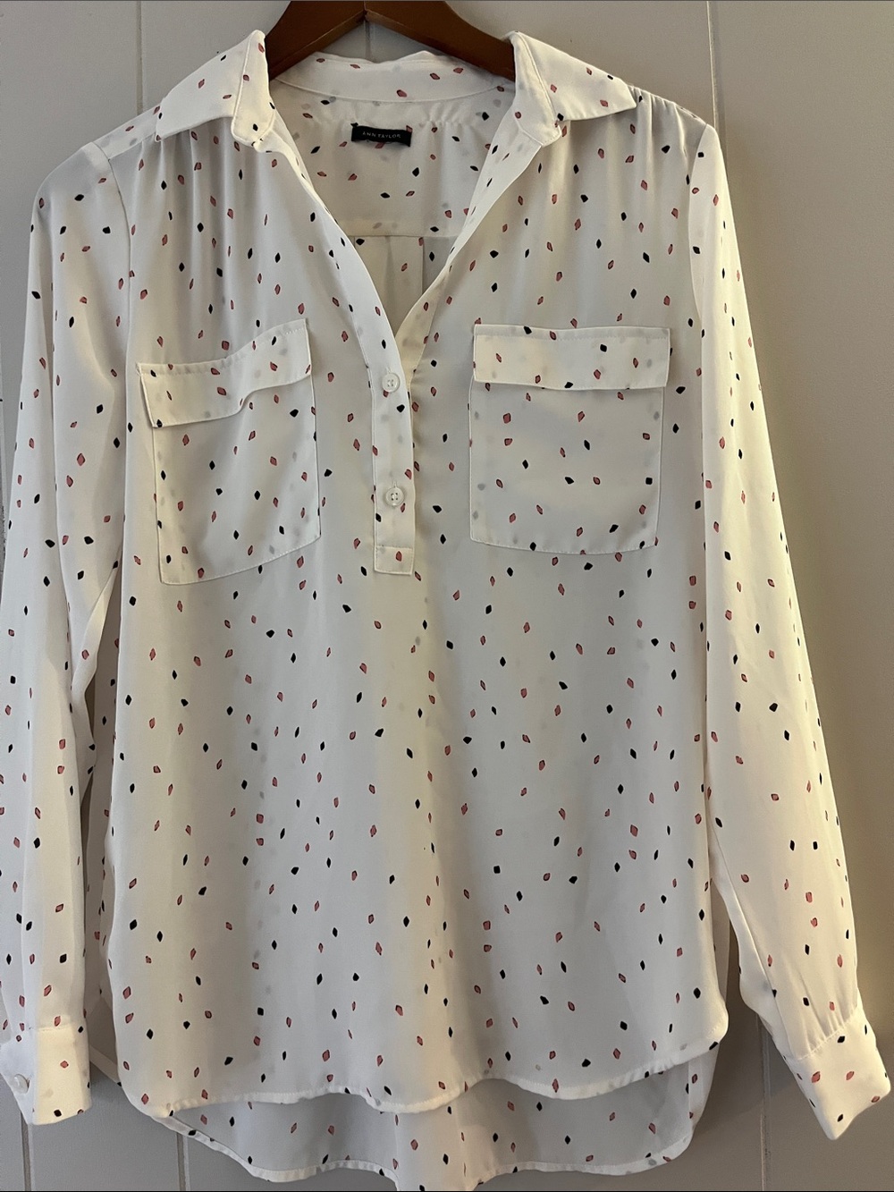 Women's White Button-Front Blouse with Red and Black Dot Print